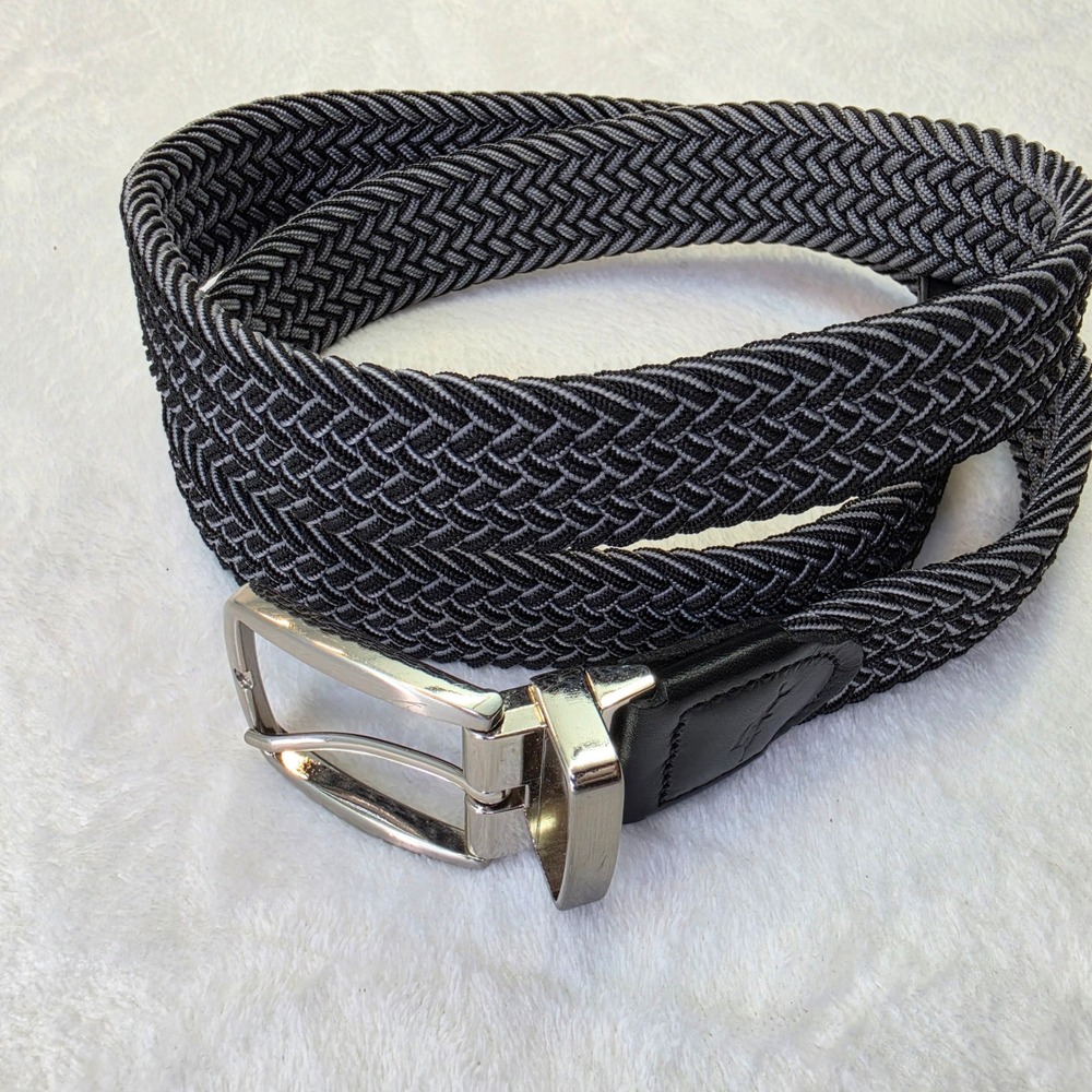 Tommy Bahama Mens Braided Woven Belt Black Grey Leather Trim L/XL 11TM030007